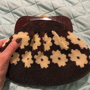 Beaded crocheted vintage handbag. Brown and cream with gold metal clasp.